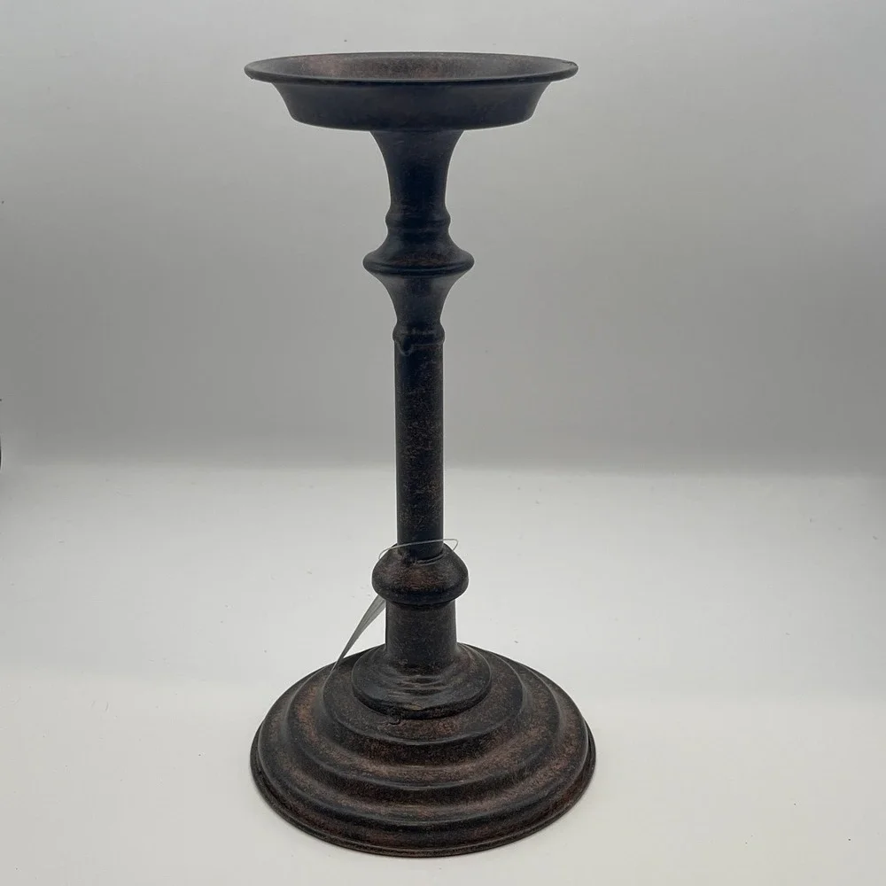 Rustic Bronze Metal Pillar Candle Holder 9.5 Inch Antiqued Tiered Base Stand
